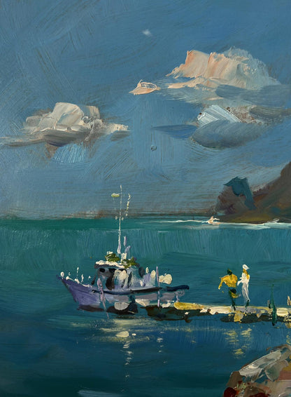 Oil painting of purple fishing boat by sea house, Yuriy Suprunchuk