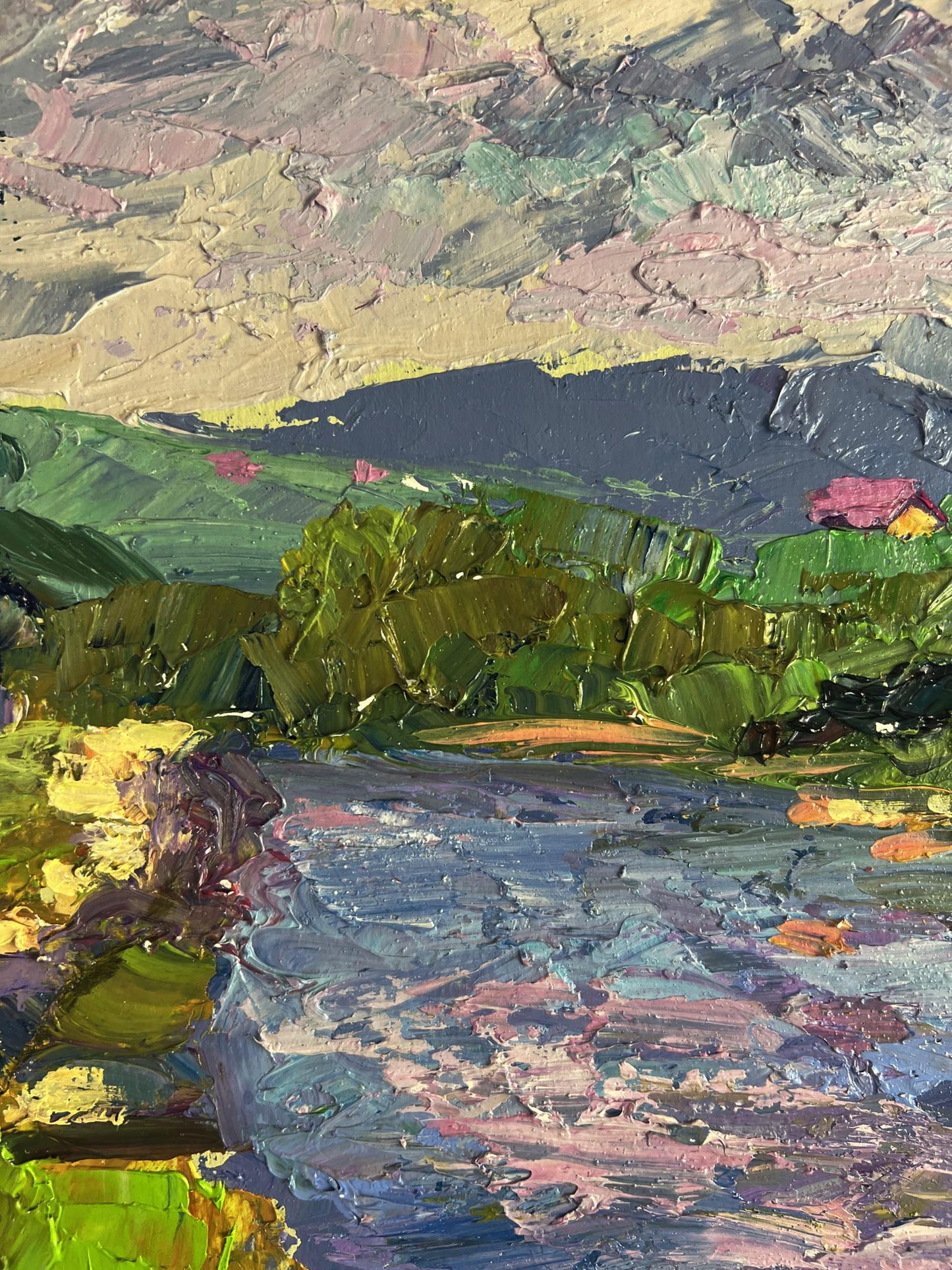 Vibrant oil painting of mountain river flowing by Boris Serdyuk