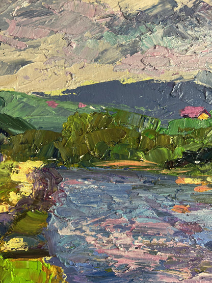 Vibrant oil painting of mountain river flowing by Boris Serdyuk