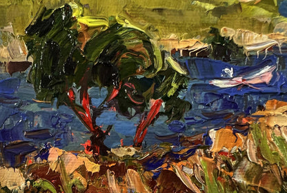 Vibrant impressionist oil painting of winding village river by Oksana Ivanyuk