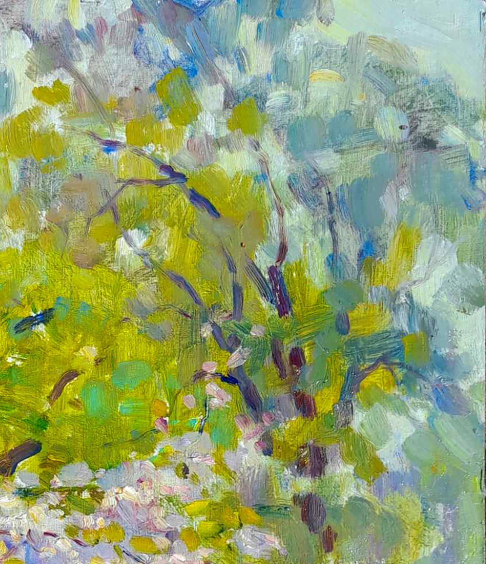 Vibrant Oi painting Gatherings in the garden by Ivan Kovalenko, blossoming tree