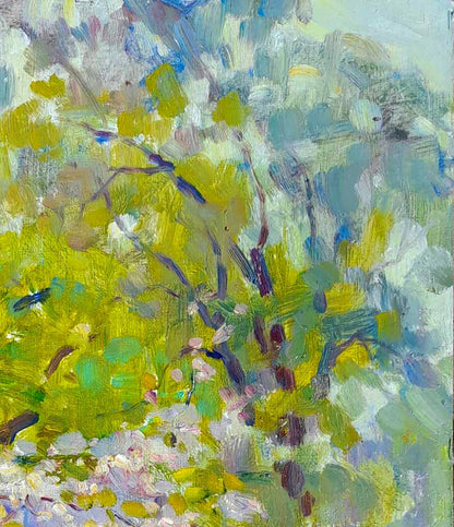 Vibrant Oi painting Gatherings in the garden by Ivan Kovalenko, blossoming tree