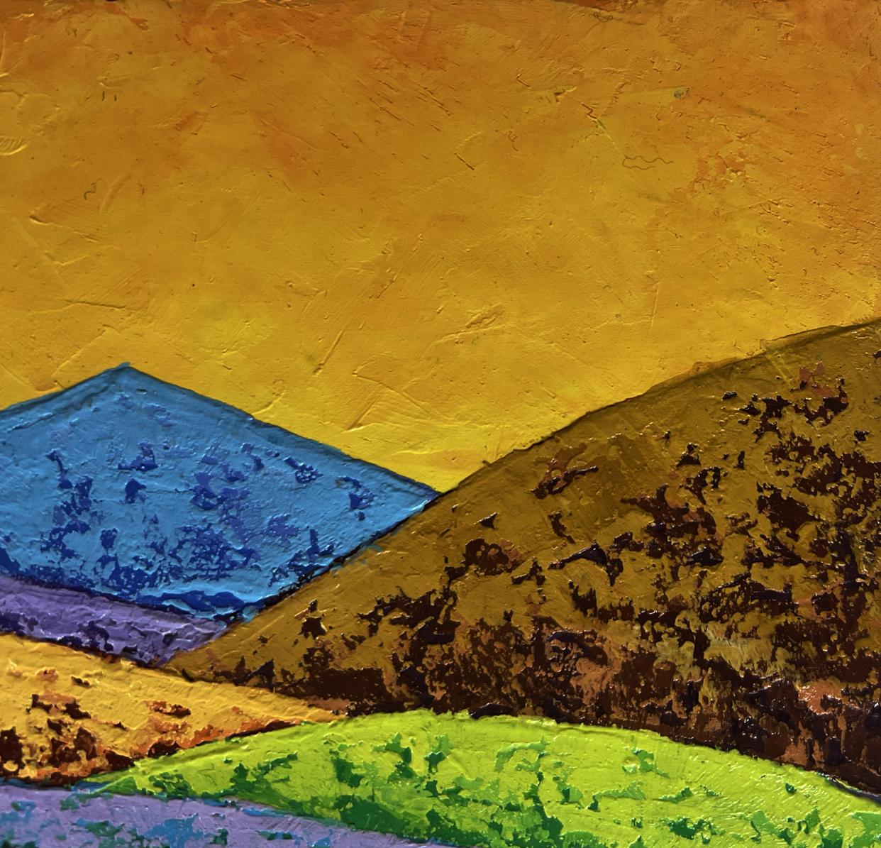 Vibrant V. Zadorozhnya oil painting of blue green gold hills under golden sky