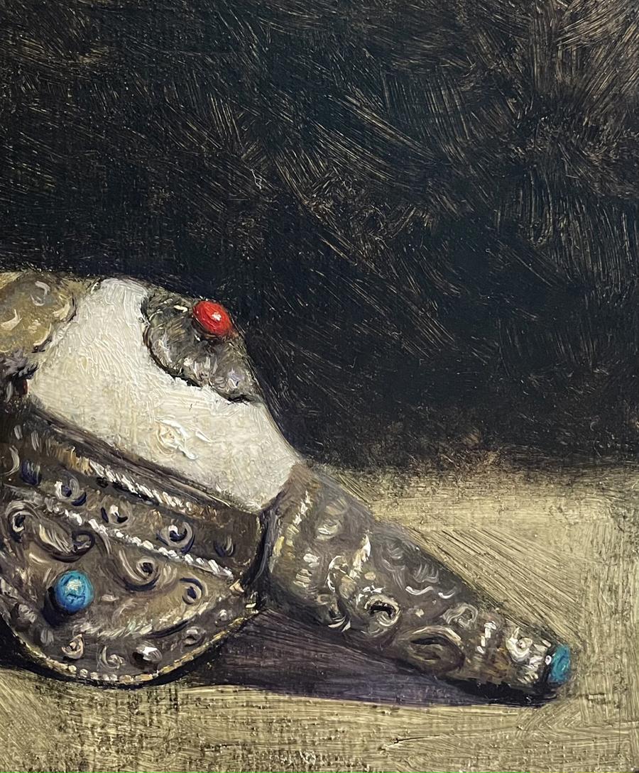 Silver ornate dagger sheath with filigree, turquoise, red gems in Annam style