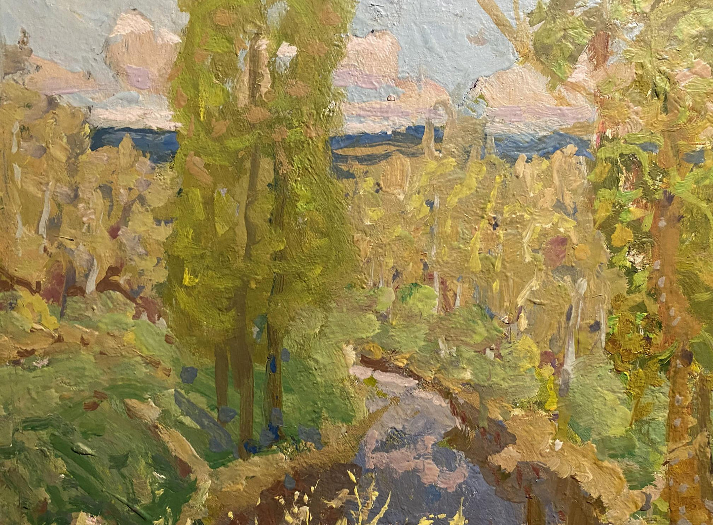 Oil painting April by Georgy Kolosovsky: sunlit forest with stream