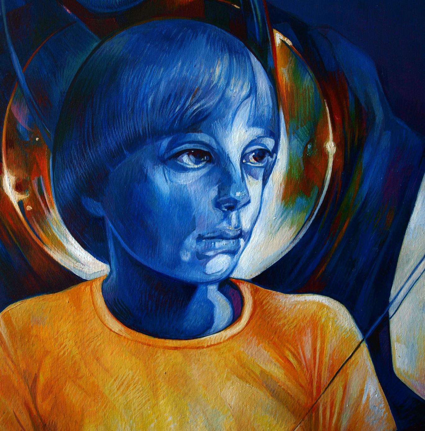 Vivid oil painting of blue-skinned child in orange shirt by Konsta G. Amelinn, cosmic backdrop