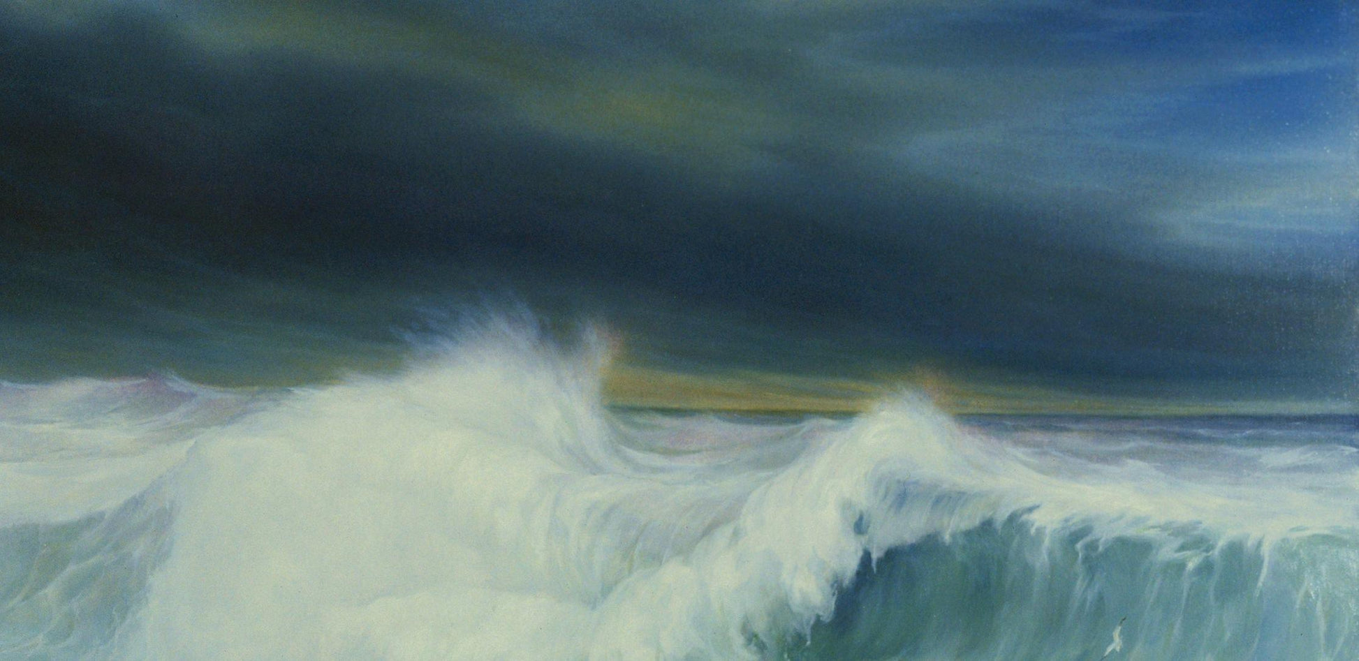 Oil painting of raging sea waves by Vasily Korkishko under stormy sky