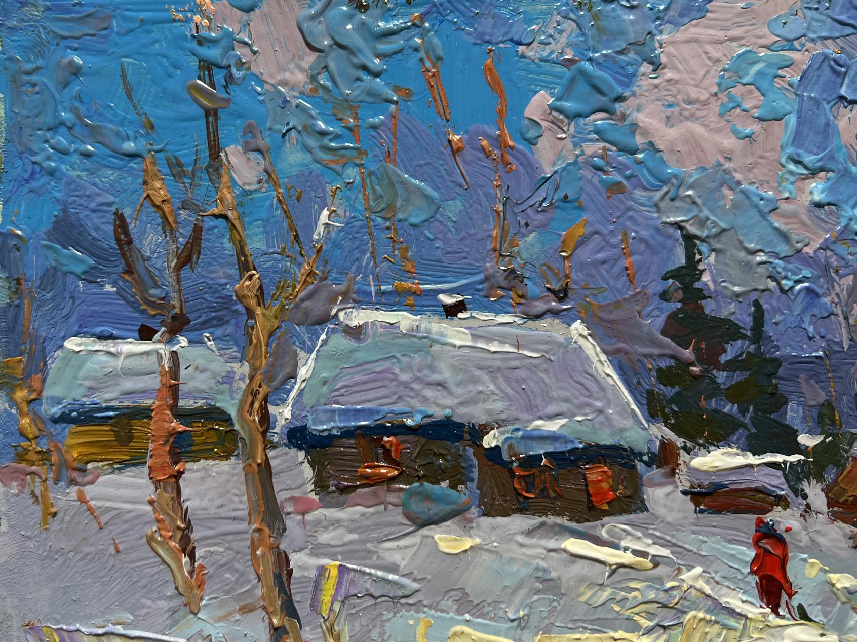 Textured impressionist oil painting of snowy village by Oksana Ivanyuk