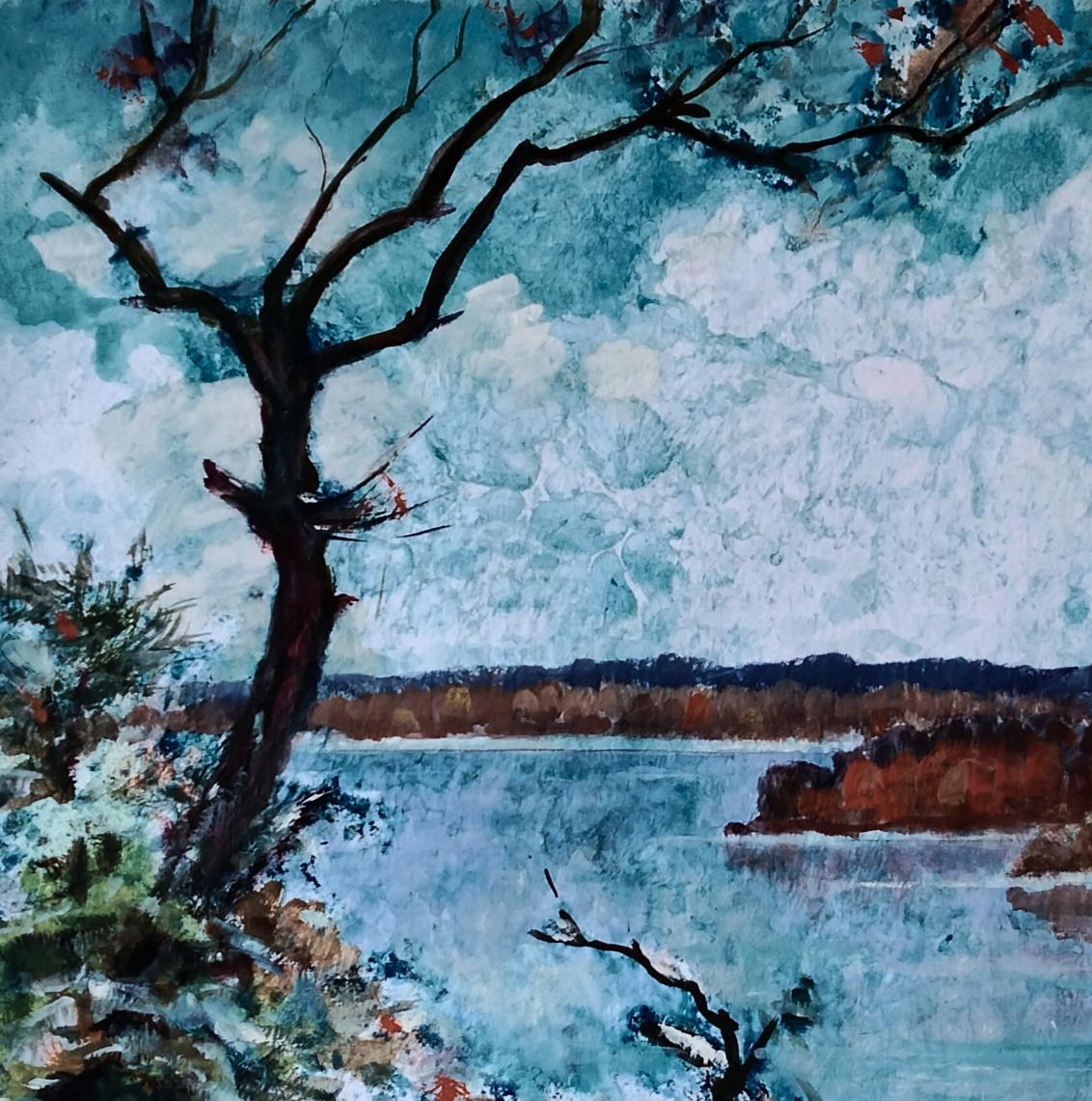 Impressionistic oil painting of solitary tree by river in field by Vitaly Duhnevich