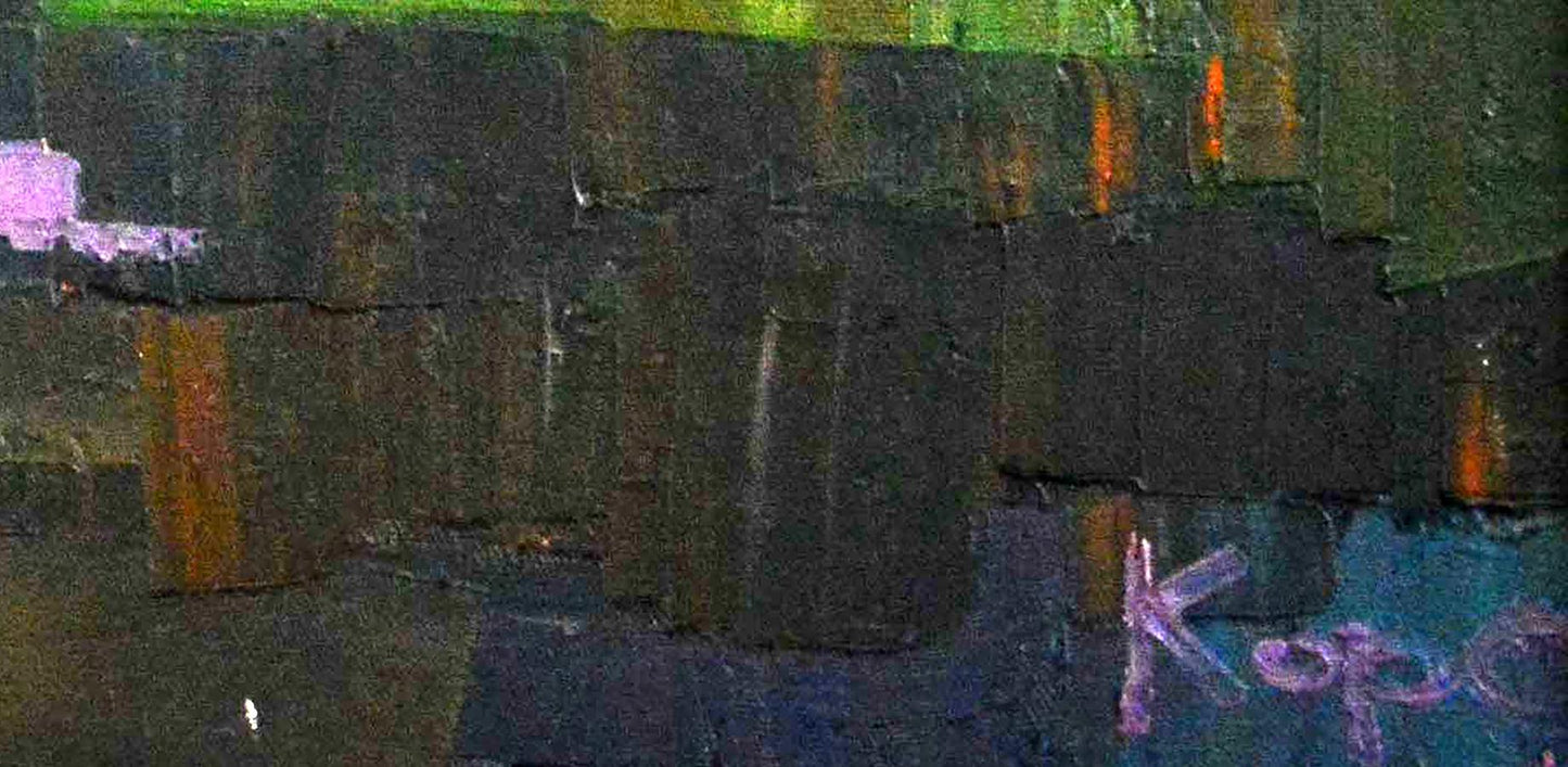 Oil painting The Gate and the Dog by Natalia Korf-Ivaniuk on dark graffiti wall