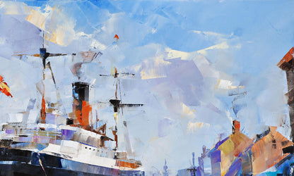 Stylized oil painting of white orange ship by Volodymyr Gluhomanyuk