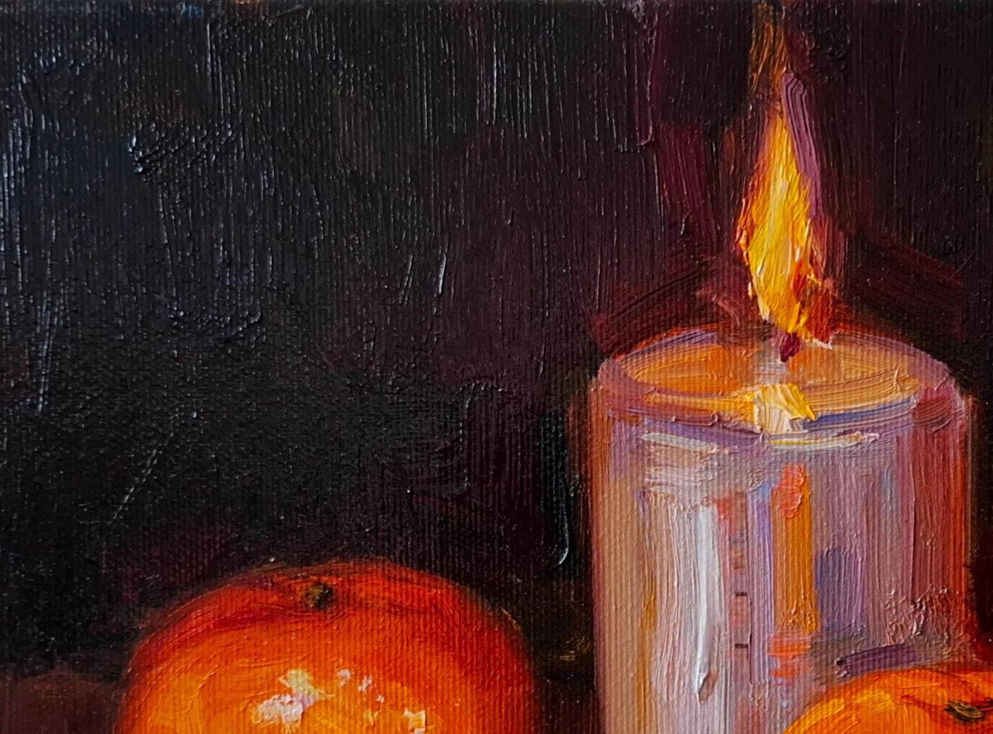 Oil painting of mandarins and warm flickering candle by Vyacheslav Pereta