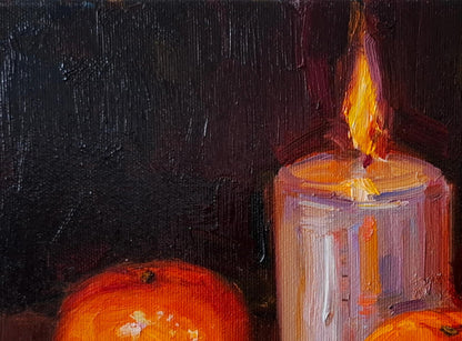 Oil painting of mandarins and warm flickering candle by Vyacheslav Pereta