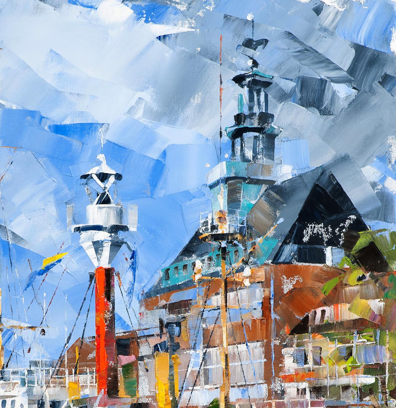 Vibrant oil painting of ship, city lighthouses by Volodymyr Gluhomanyuk