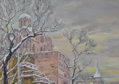 Snow-dusted stone cathedral oil painting by Golden Gate Leonid Pavlenko