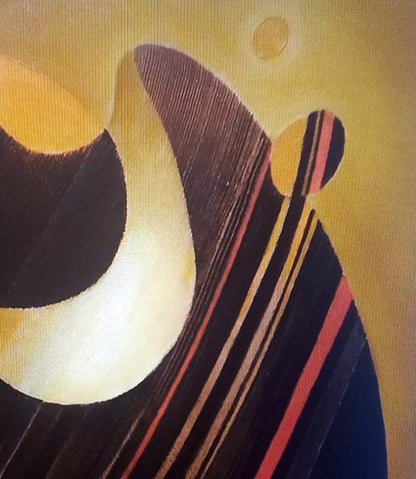 Backlit oil painting by Alexander Strashevich with bold black gold red stripes on textured yellow canvas