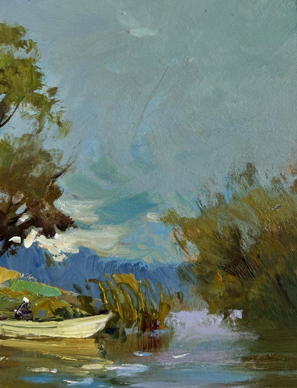 Serene oil painting of white rowboat on river by Yuriy Suprunchuk