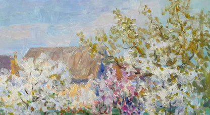 Vibrant Oi painting of tulips in garden by Ivan Kovalenko with cottage