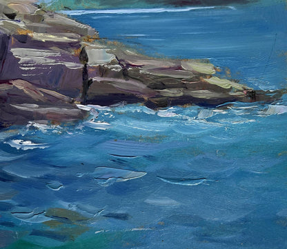 Oil painting Cloudy day at sea by Yuriy Suprunchuk: rugged cliffs meet turquoise waves