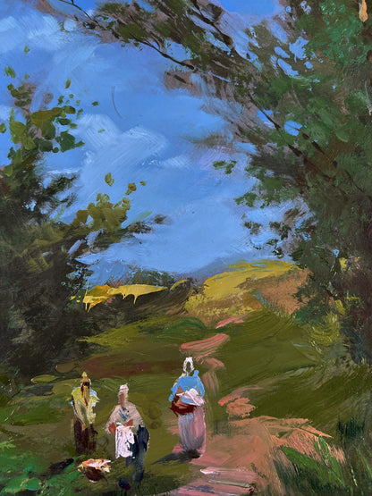 Oil painting At the village shore by Yuriy Suprunchuk forest path scene