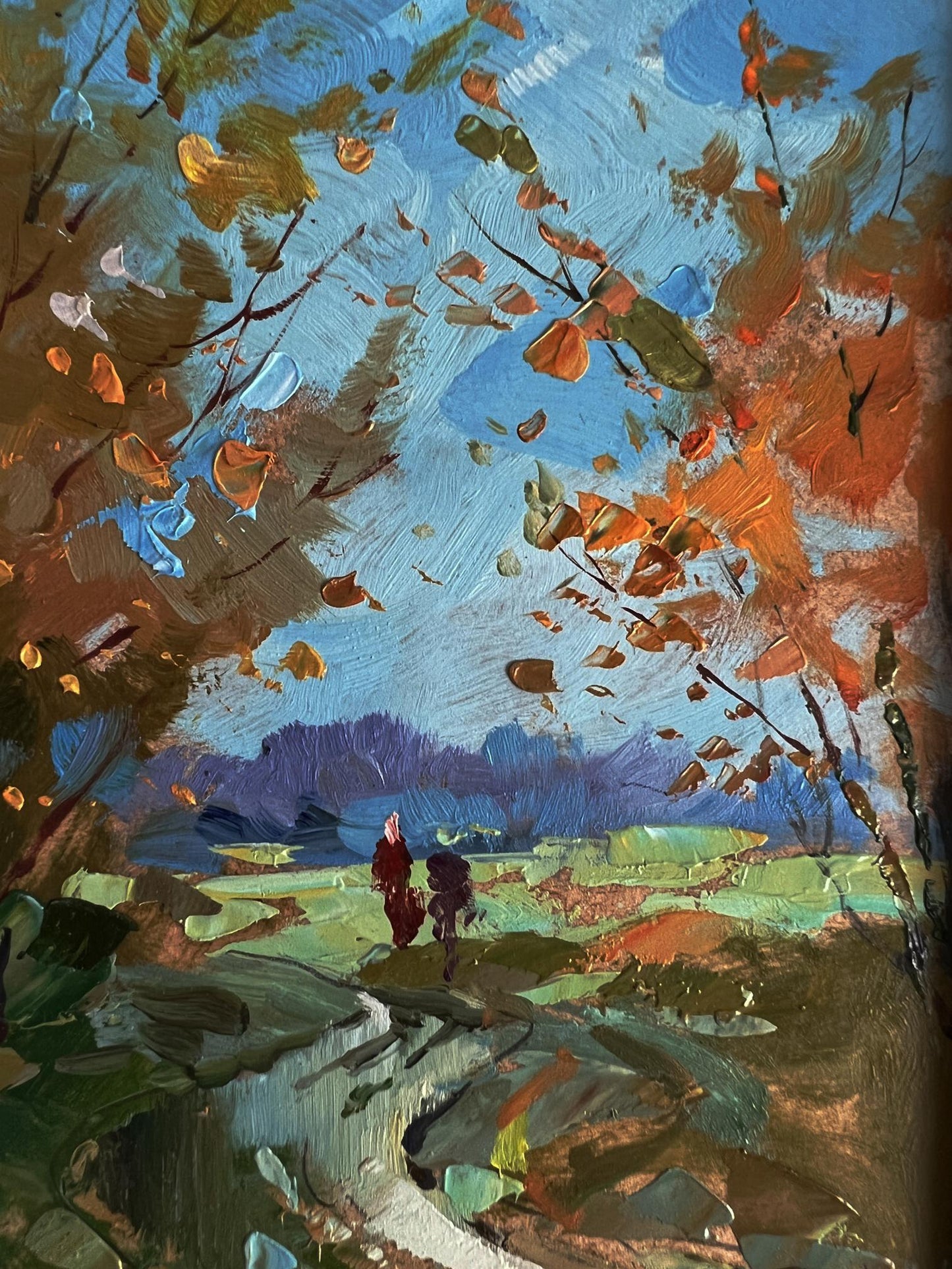 Vibrant oil painting Path in the field by Yuriy Suprunchuk, autumn leaves falling