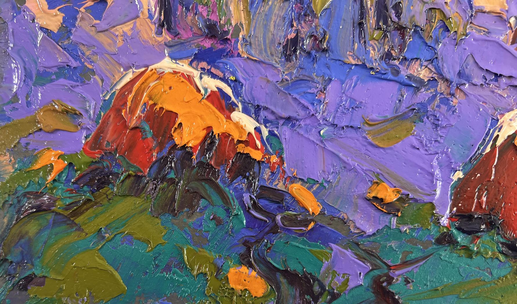 Oil painting In the blue distance of dreams by Oleksiy Ivanyuk vibrant purple orange green