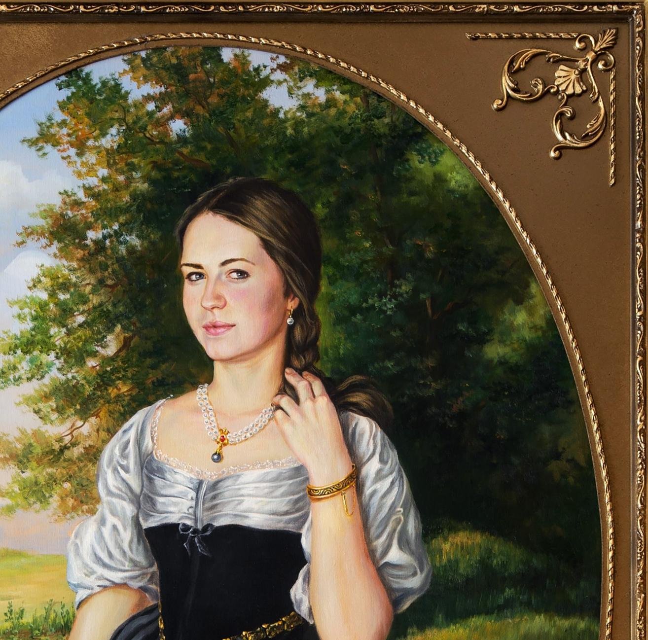 Oil painting portrait of Maria Valeriy Bulat in ornate gold frame