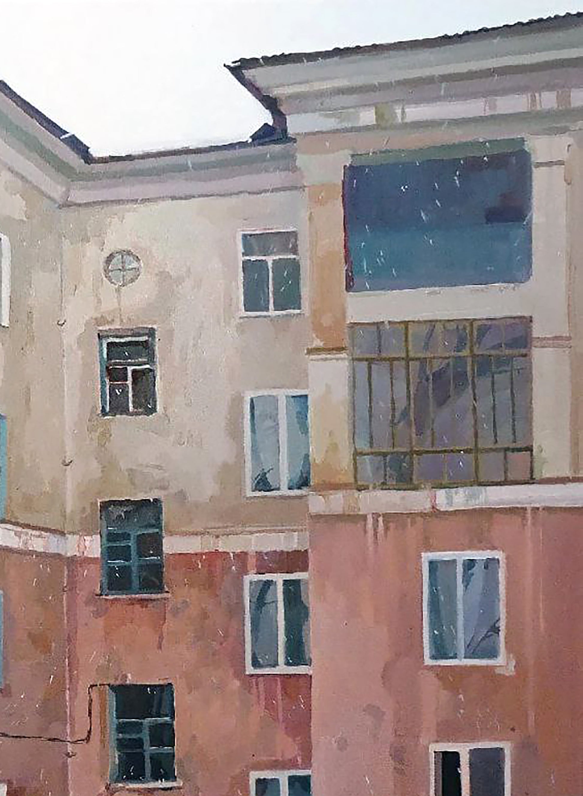 Oil painting Morning in the city by Anastasia Yaroshevich, weathered multi-story building