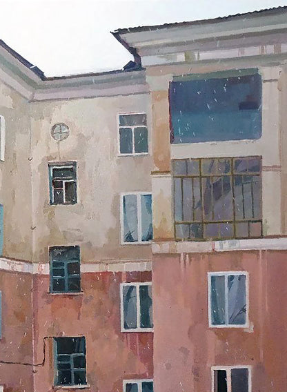 Oil painting Morning in the city by Anastasia Yaroshevich, weathered multi-story building