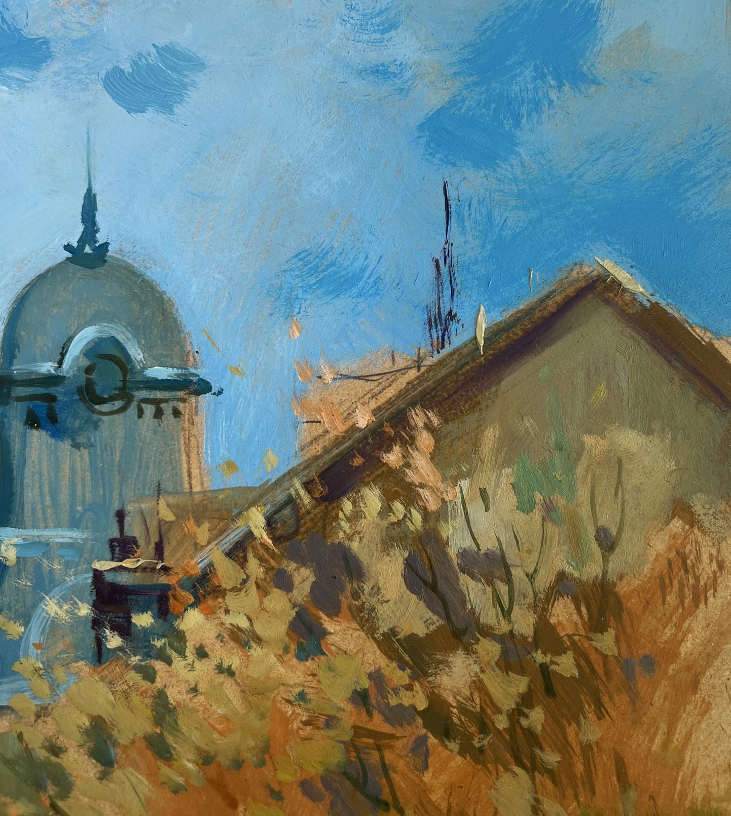 Oil painting of domed building by Yuriy Suprunchuk against blue sky