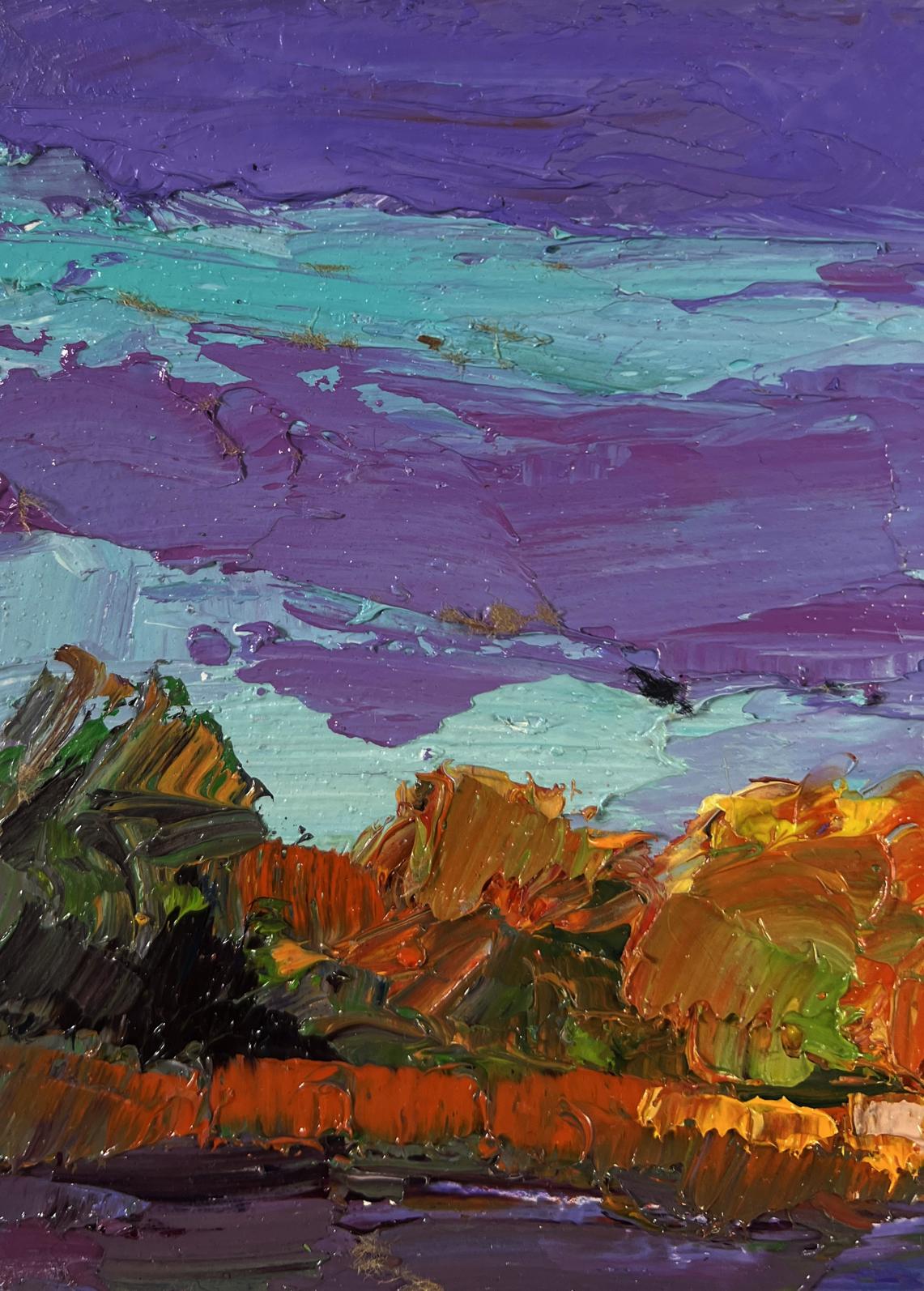 Vibrant impressionist oil painting by Boris Serdyuk: autumn orange hills in evening light