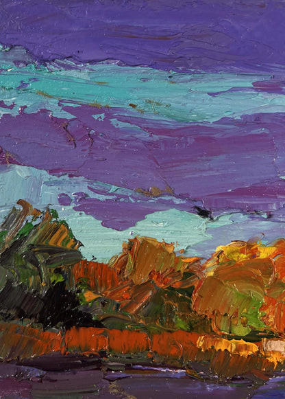 Vibrant impressionist oil painting by Boris Serdyuk: autumn orange hills in evening light