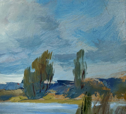 Textured oil painting of tall slender trees by river, Yuriy Suprunchuk
