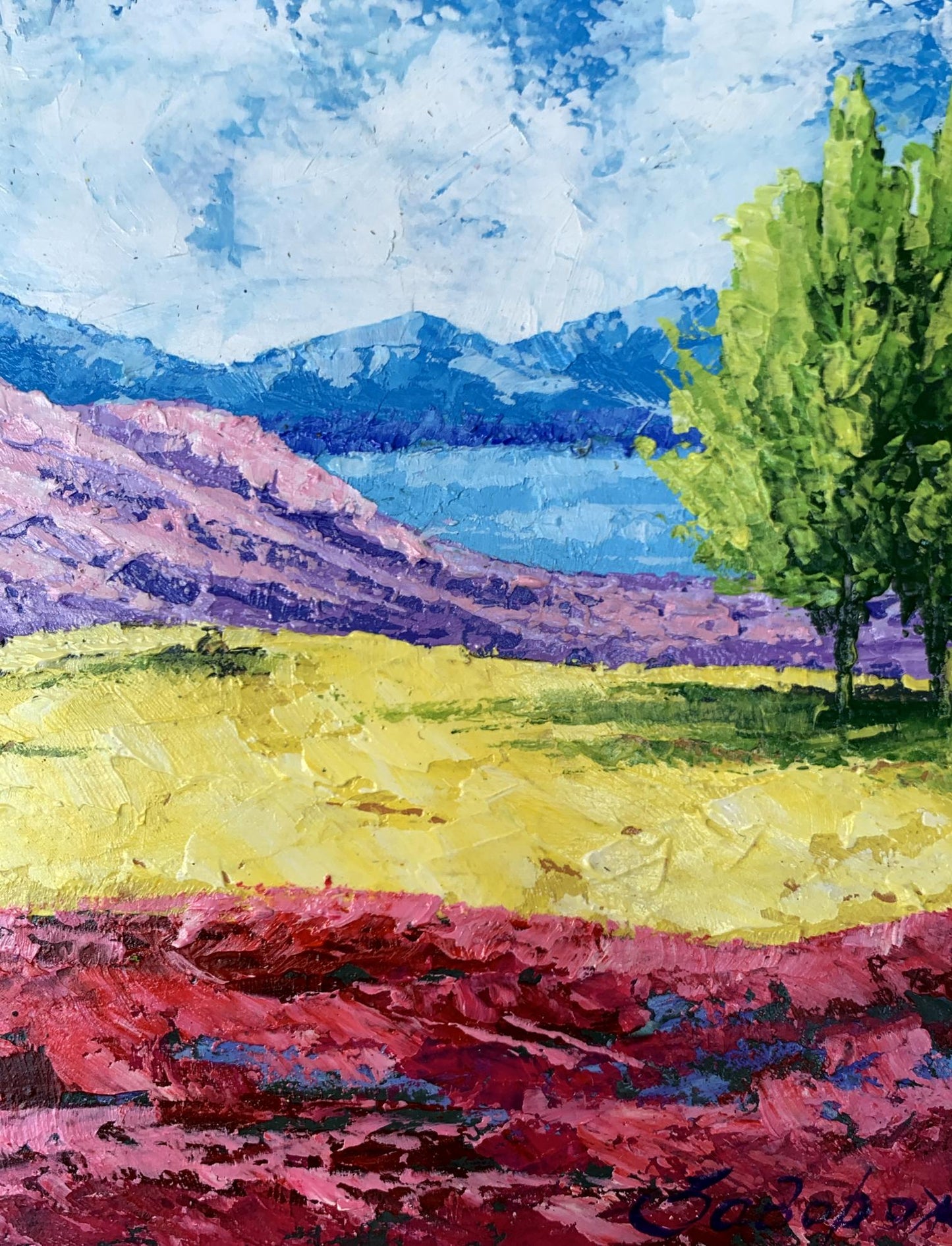 Vibrant impressionist oil painting of mountain lake and three trees by V. Zadorozhnya