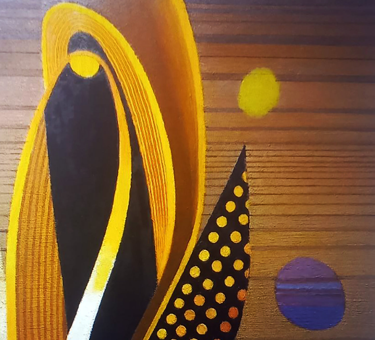 Oil painting Fantasy by Alexander Strashevich: bold black yellow polka dots on wood texture