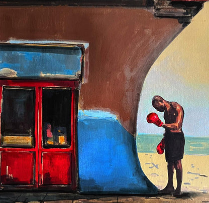 Red boxing glove on beach under archway, Resistance by Juan Angel Gonzalez de la Calle acrylic painting