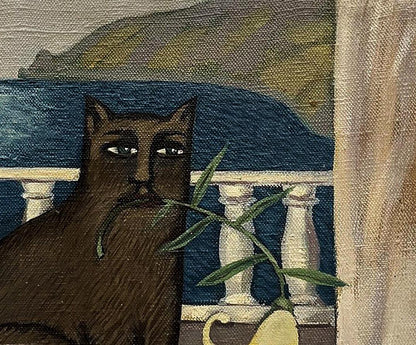 Oil painting Kitty by Yana Pervyakova: solemn brown cat amid green leaves