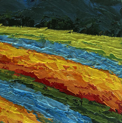 Vibrant oil painting Shades of fiery sunset V. Zadorozhnya with bold stripes