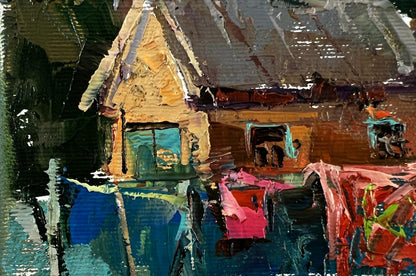 Oil painting Village street by Oleksiy Ivanyuk, textured impasto house