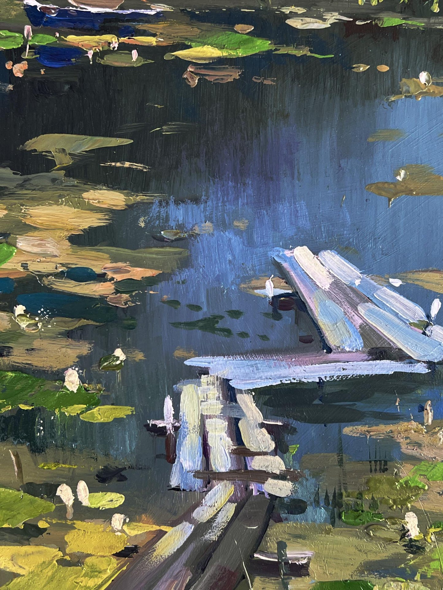 Oil painting by Yuriy Suprunchuk of weathered dock over pond with lily pads