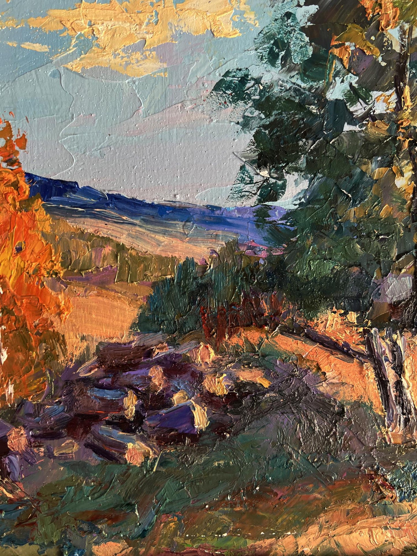 Oil painting of Boris Serdyuk house on a hill in vibrant autumn landscape