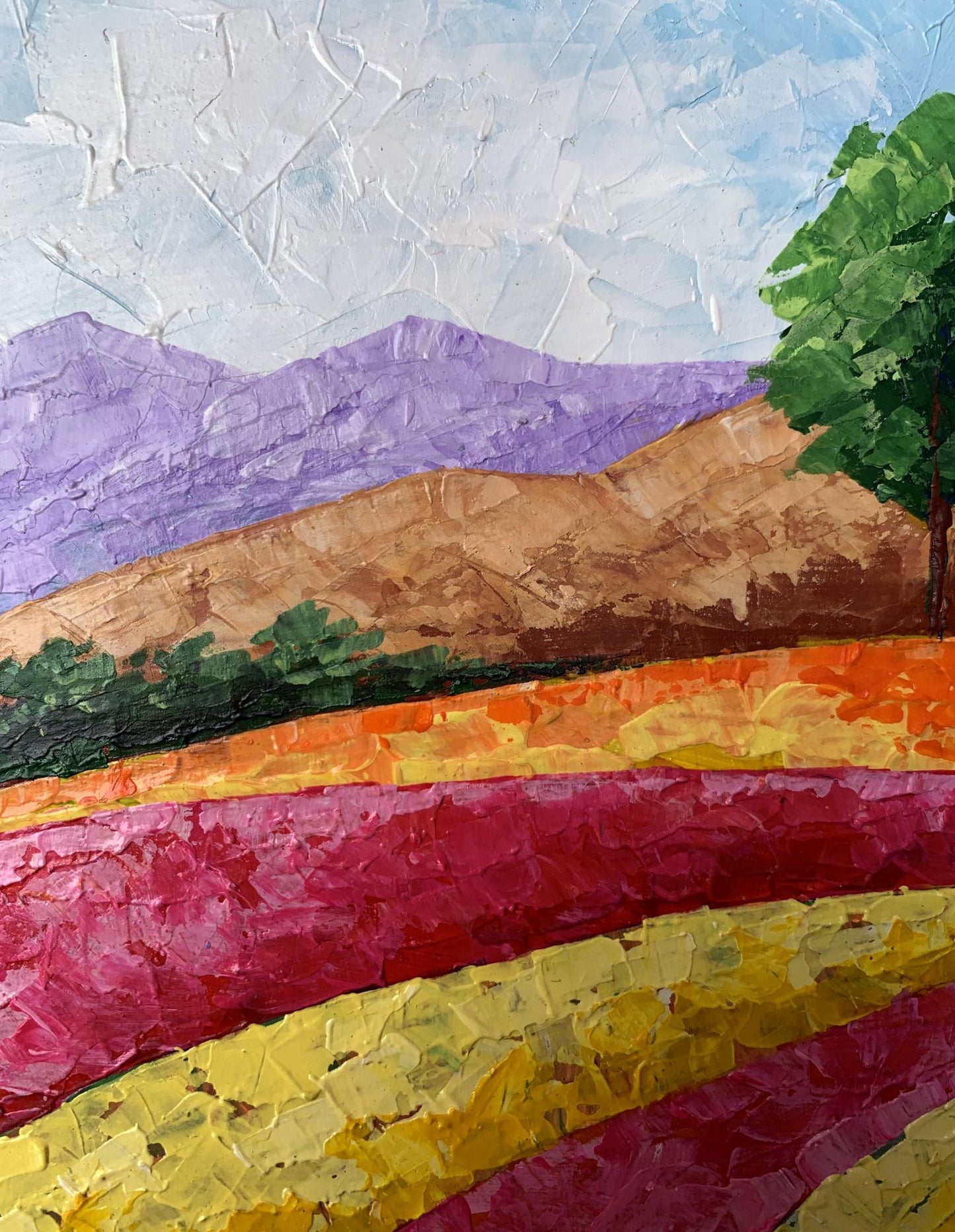 Vibrant oil painting by V. Zadorozhnya: textured pink, yellow fields and purple mountains