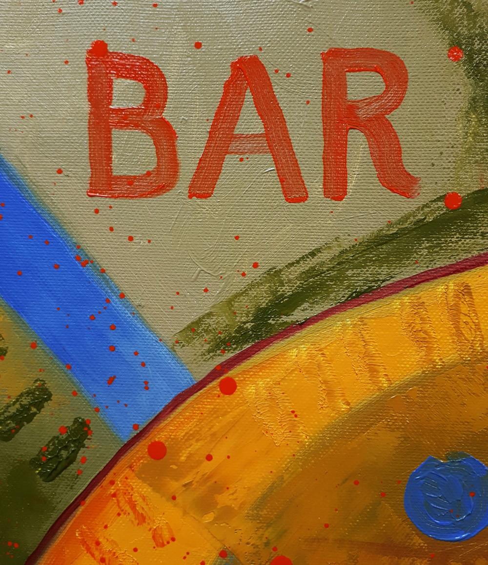 Oil painting Leaves the bar by Sergiy Voichenko with bold red bar text