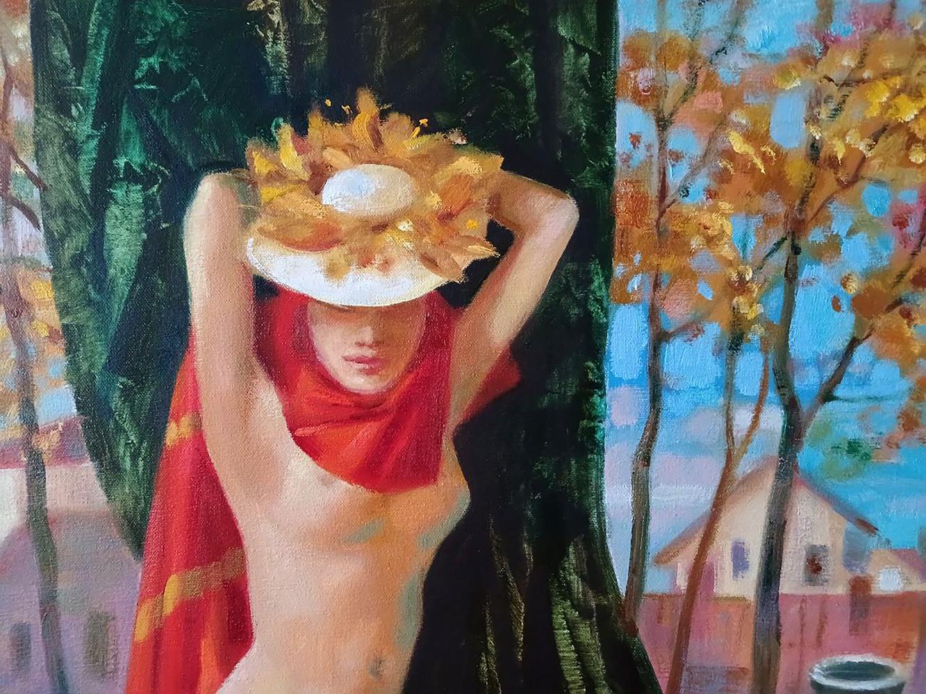 Abstract oil painting Golden autumn by Anatoly Tarabanov with woman in white hat and red scarf