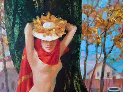Abstract oil painting Golden autumn by Anatoly Tarabanov with woman in white hat and red scarf