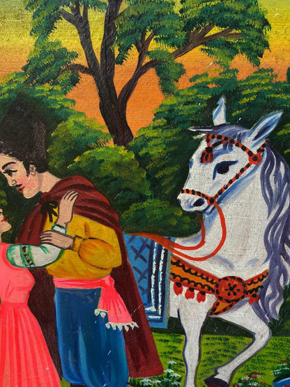 Oil painting Romantic walk by the lake with white horse in ornate harness