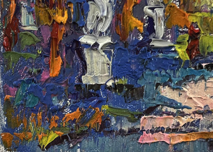 Oil painting Walk in the park by Oleksiy Ivanyuk with bold blue orange strokes