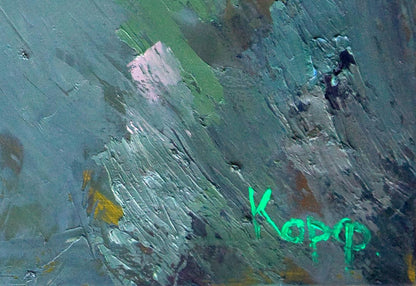Oil painting Fog in the Forest by Natalia Korf-Ivaniuk, abstract teal green textured art signed Kopp