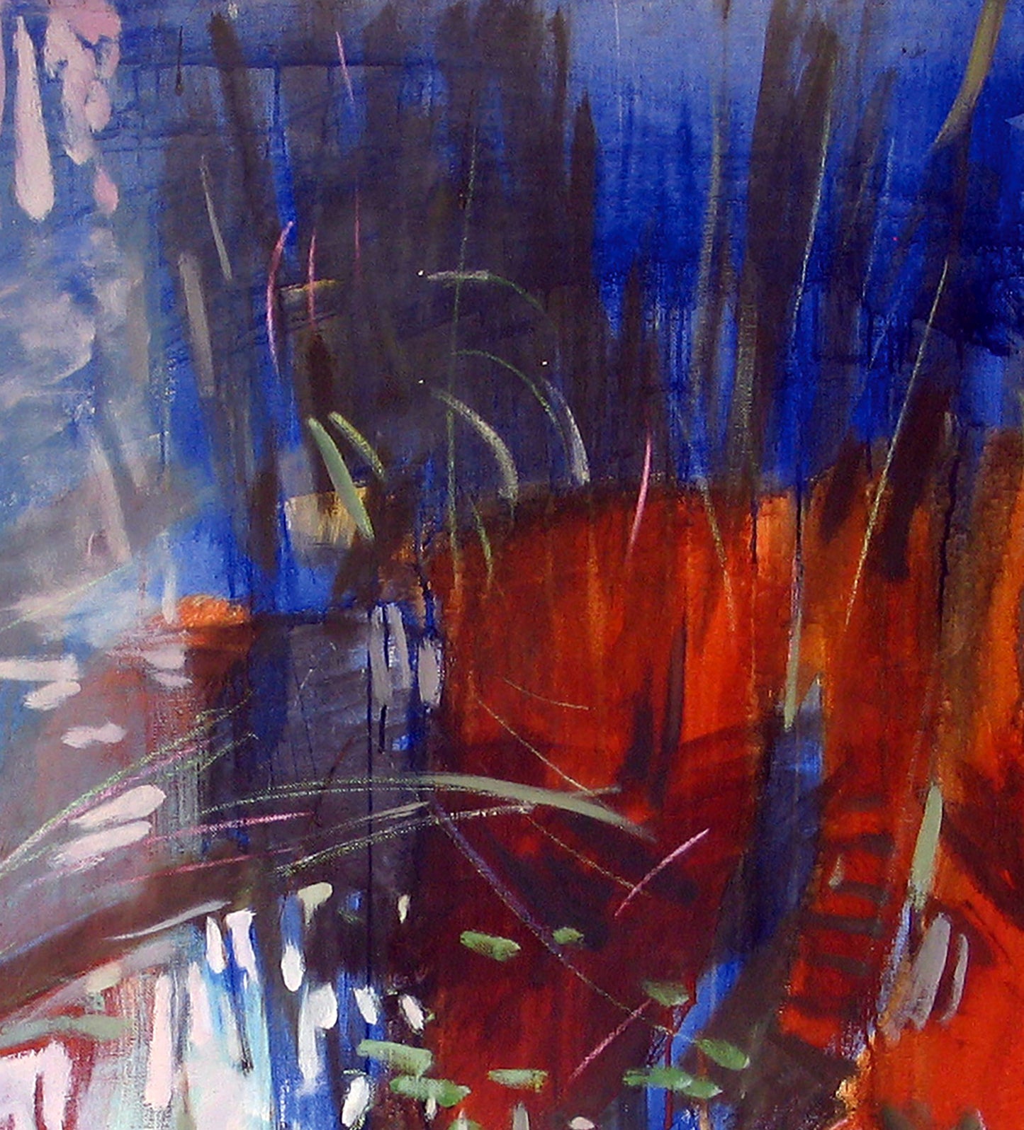 Oil painting Water Ed Potapenkov with bold blue, red-orange, green, white strokes