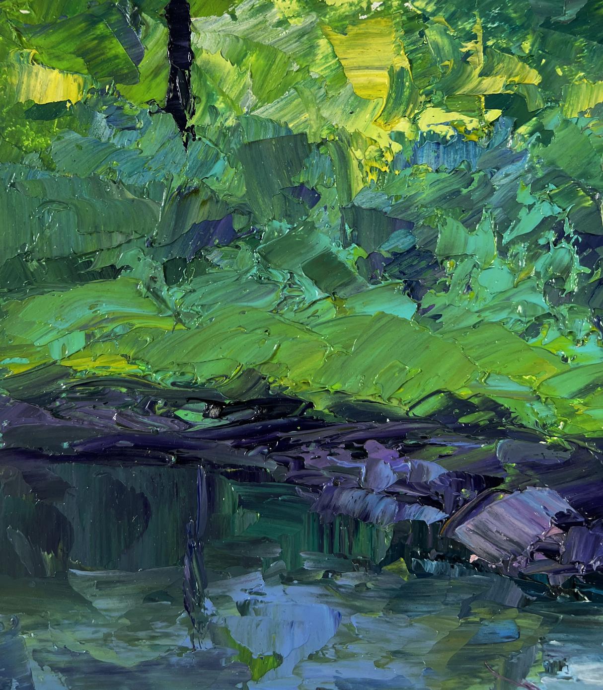 Vibrant green and yellow impressionist Oil painting Quiet morning by the river by Boris Serdyuk